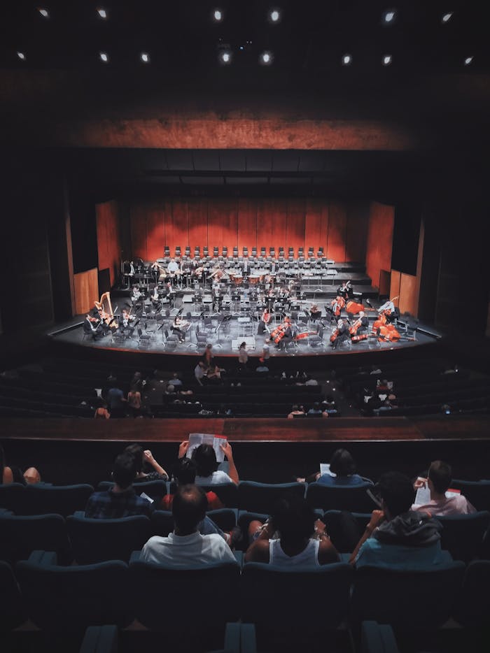 Capture of a live orchestra setup in an indoor concert hall with audience seated.